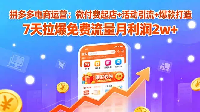 拼多多电商运营：微付费起店+活动引流+爆款打造 7天拉爆免费流量月利润2w+-网亿资源平台