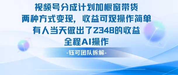 新玩法，视频号分成计划+橱窗带货，有人当天做出了2348的收益-网亿资源平台