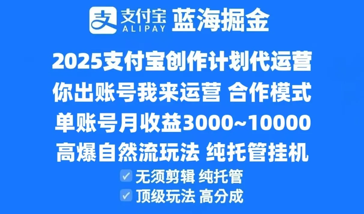 2025支付宝创作分成计划代运营，高爆自然流玩法，纯挂机高分成，合作共赢模式！-网亿资源平台
