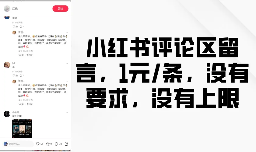 小红书评论区留言，1元条，没有要求，没有上限-网亿资源平台