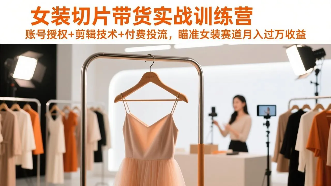 女装切片带货实战训练营，账号授权+剪辑技术+付费投流，瞄准女装赛道月入过万收益-网亿资源平台