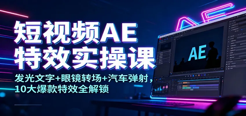 短视频AE特效实操课：发光文字+眼镜转场+汽车弹射，10大爆款特效全解锁-网亿资源平台
