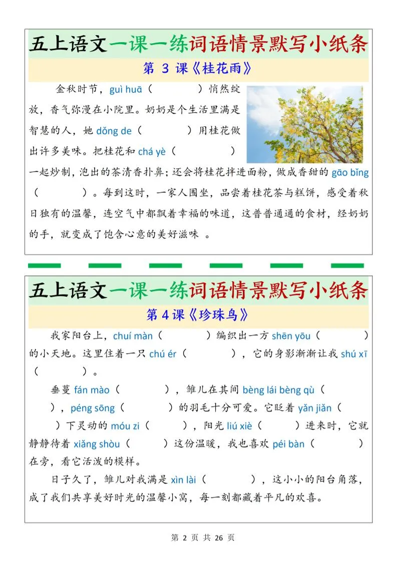 五上语文一课一练词语情景默写小纸条（含答案26页）-网亿资源平台