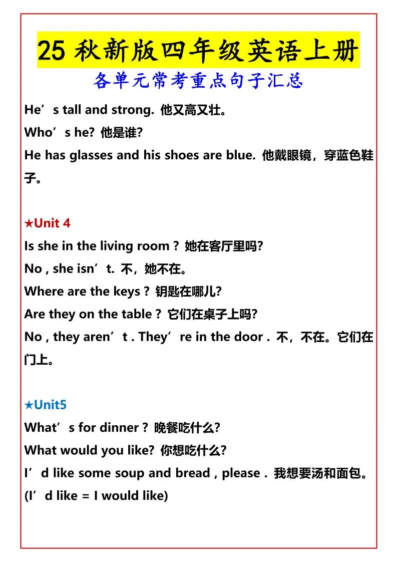 【2025秋新版】四年级英语上册各单元常考重点句子汇总-网亿资源平台