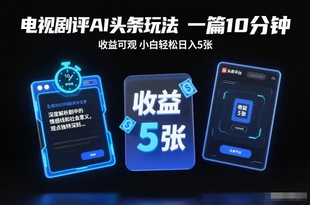 电视剧评AI头条玩法，一篇10分钟，收益可观，小白轻松日入5张+【独家】-网亿资源平台