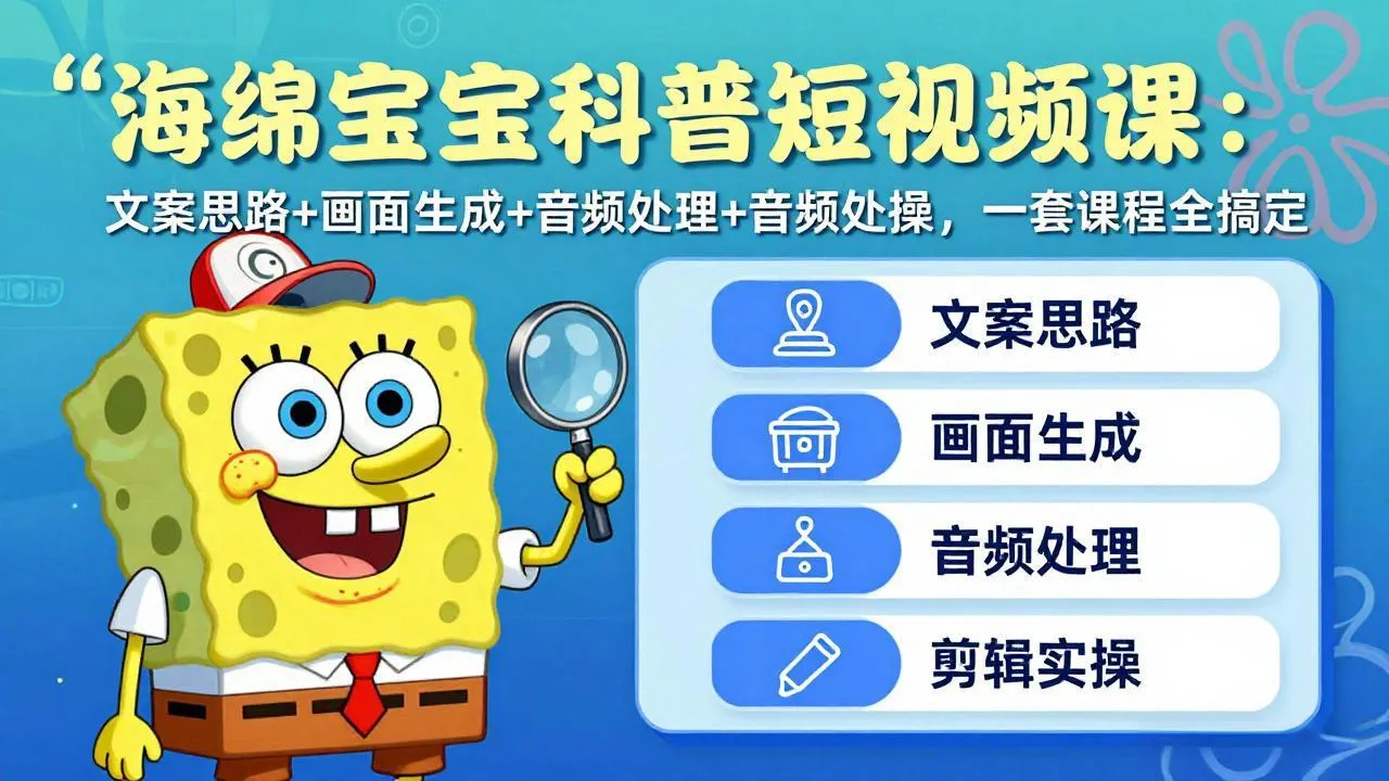 海绵宝宝科普短视频课：文案思路+画面生成+音频处理+剪辑实操，一套课程全搞定-网亿资源平台