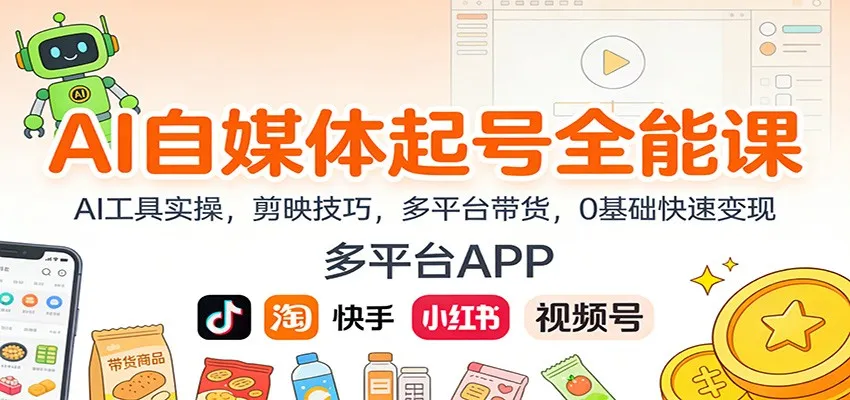 AI自媒体起号全能课：AI工具实操，剪映技巧，多平台带货，0基础快速变现-网亿资源平台