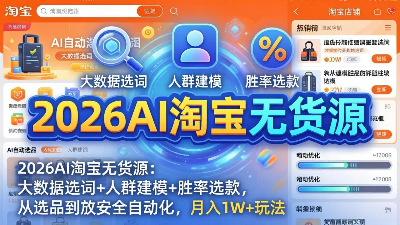 2026AI淘宝无货源：大数据选词+人群建模+胜率选款，从选品到放大全自动化，月入1W+玩法-网亿资源平台