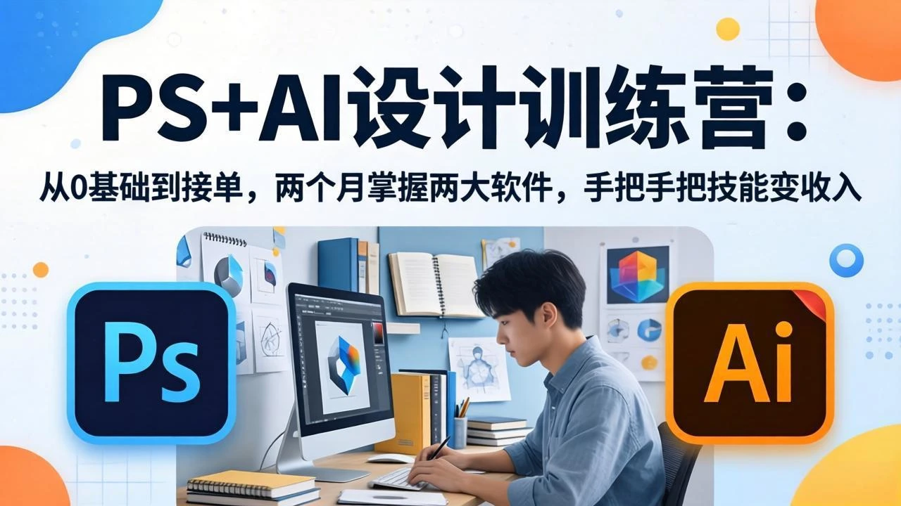 【精】PS+AI设计训练营：从0基础到接单，两个月掌握两大软件，手把手把技能变收入-网亿资源平台