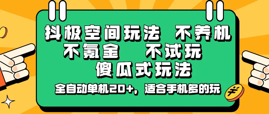 抖极空间玩法，不养机，不氪金，不试玩，傻瓜式玩法，全自动单机20+，适合手机多的玩-网亿资源平台