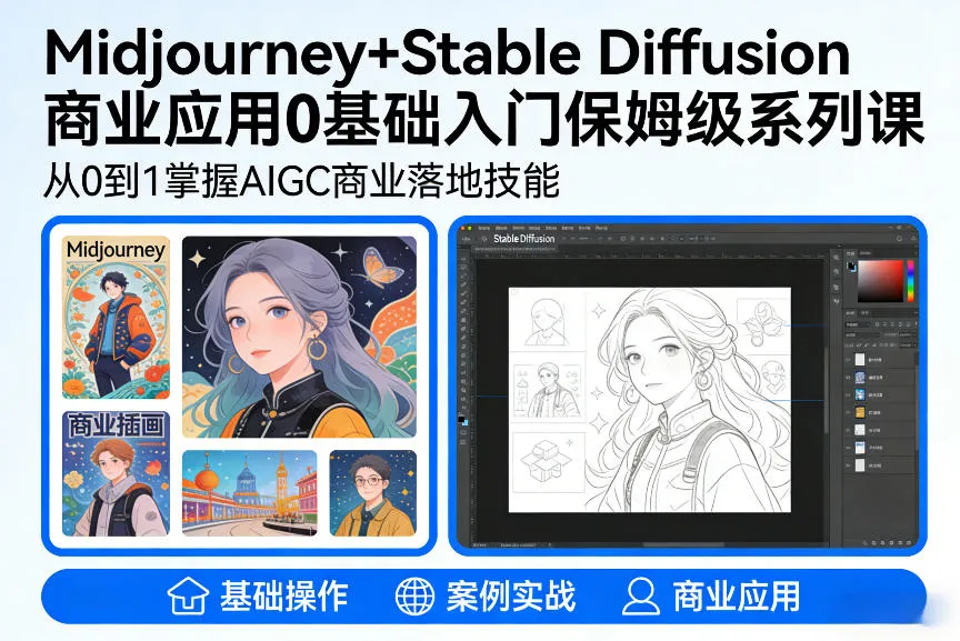 AIGC商业应用Midjourney+Stable Diffusion教程，0基础入门保姆级系列课-网亿资源平台
