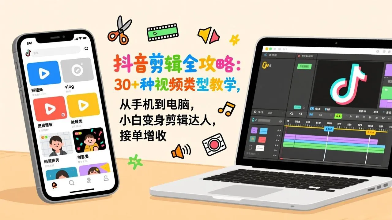 抖音剪辑全攻略：30+种视频类型教学，从手机到电脑，小白变身剪辑达人，接单增收-网亿资源平台