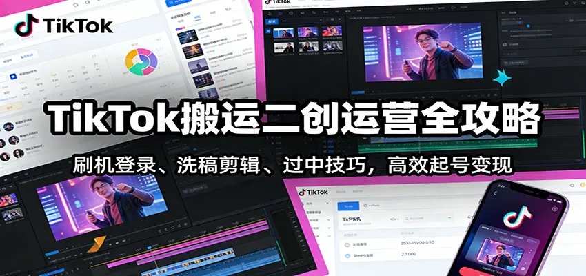 TikTok搬运二创运营全攻略：刷机登录、洗稿剪辑 、过中技巧，高效起号变现-网亿资源平台