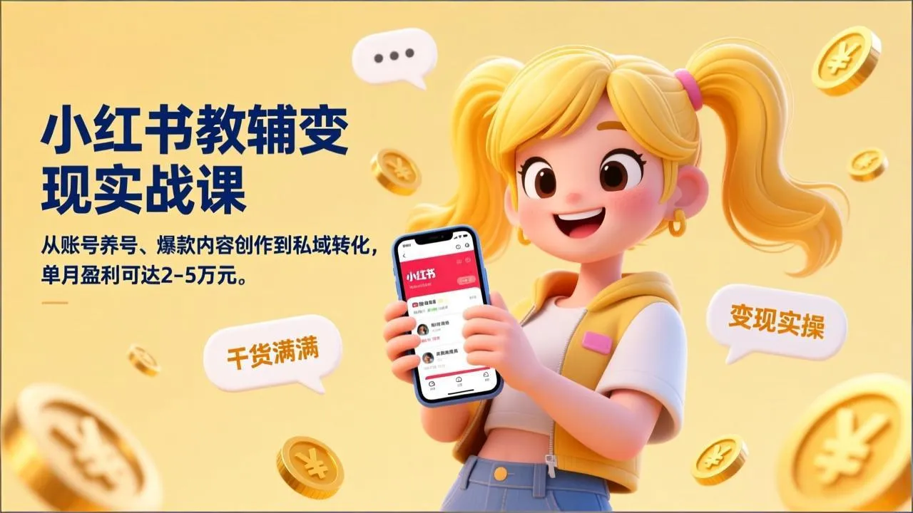 小红书教辅变现实战课，从账号养号、爆款内容创作到私域转化，单月盈利可达2-5万元-网亿资源平台