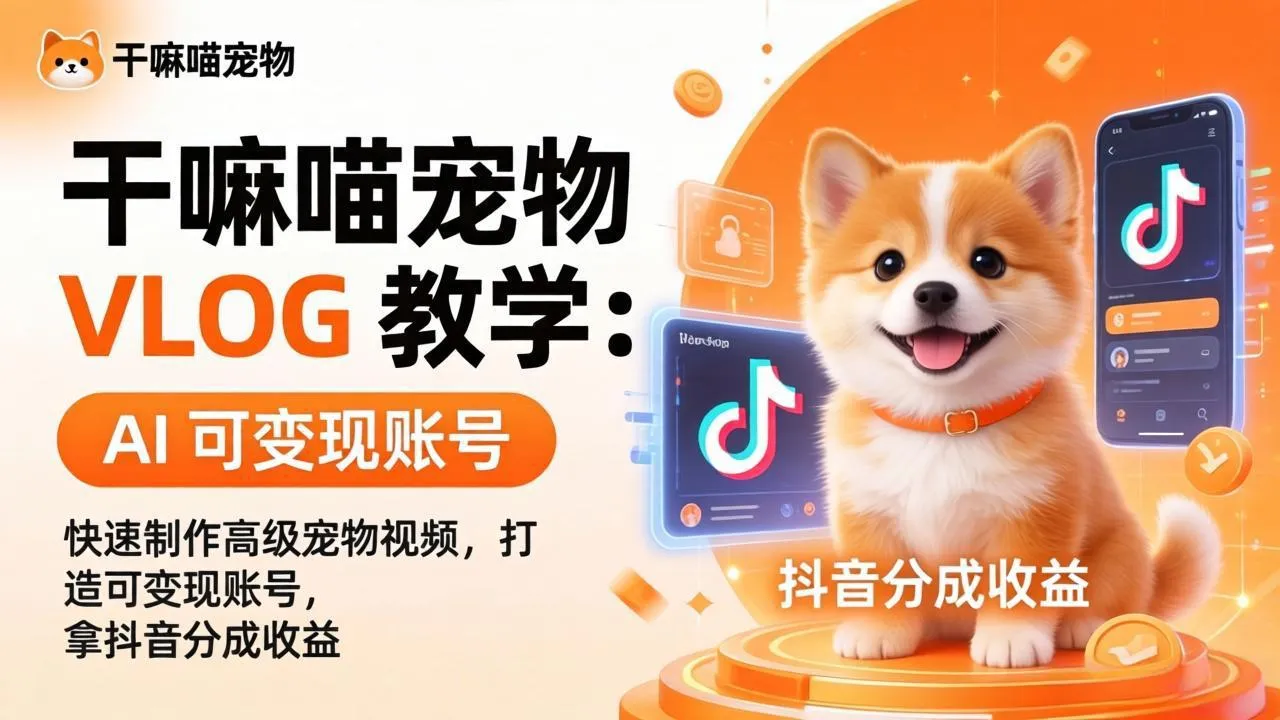 干嘛喵VLOG教学，打造自己的高级宠物vlog账号，可做抖音创作者计划+精选独家收益-网亿资源平台