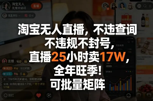 淘宝无人直播，不违规不封号，直播25小时卖17W，全年旺季！可批量矩阵【揭秘】-网亿资源平台
