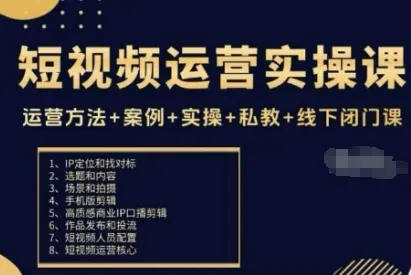 短视频运营实操课，运营方法+案例+实操+私教+线下闭门课-网亿资源平台