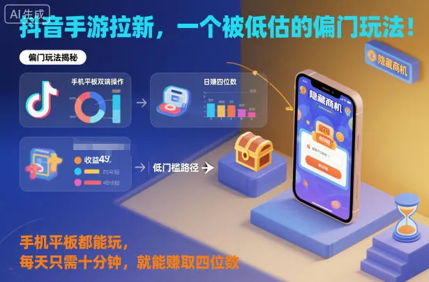 抖音手游拉新，一个被低估的偏门玩法！手机平板都能玩，每天只需十分钟，就能賺取四位数【揭秘】-网亿资源平台