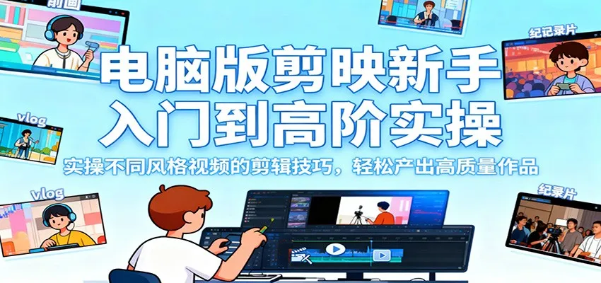 电脑版剪映新手入门到高阶实操，实操不同风格视频的剪辑技巧，轻松产出高质量作品-网亿资源平台