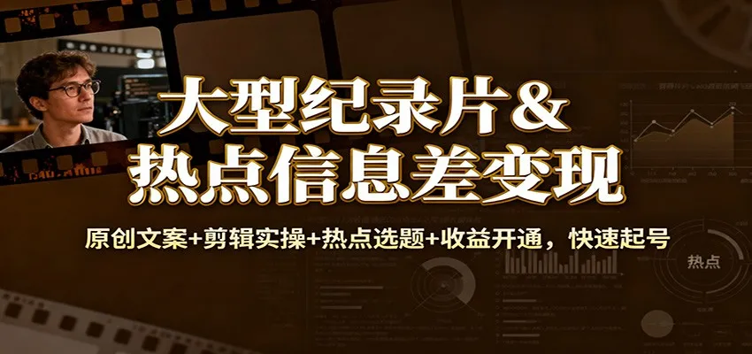 大型纪录片&热点信息差变现：原创文案+剪辑实操+热点选题+收益开通，快速起号-网亿资源平台