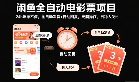 闲鱼全自动电影票项目，24h爆单不停，全自动发货+自动回复，无脑操作，日稳入3张【揭秘】-网亿资源平台