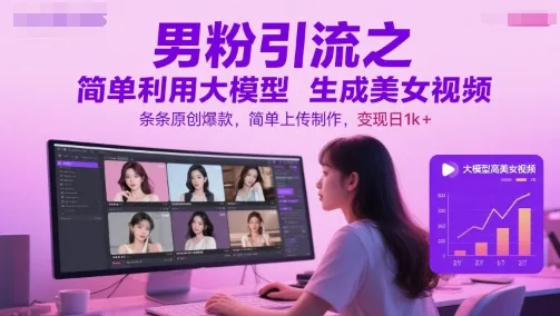 男粉引流之简单利用大模型生成美女视频，条条原创爆款，简单上传制作，变现日1k+-网亿资源平台