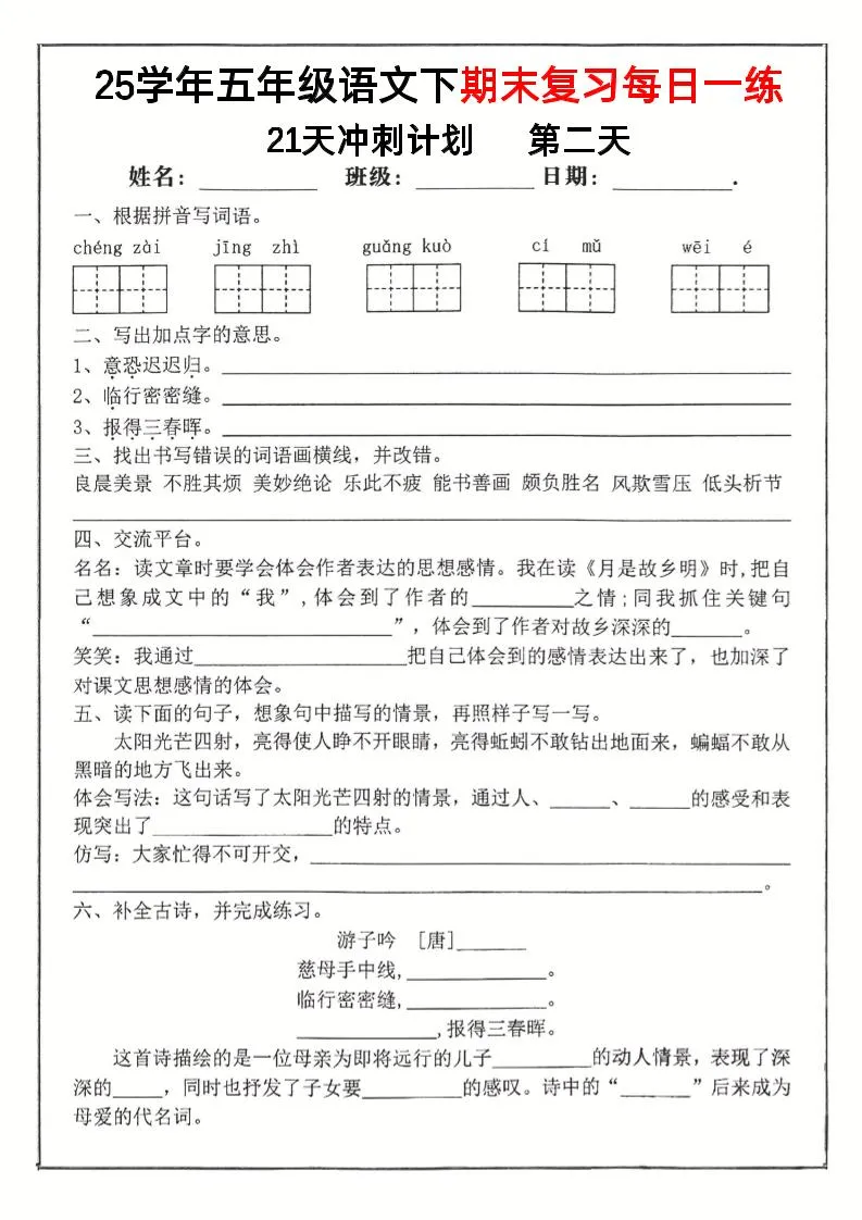五下语文期末复习每日一练冲刺21天计划21页-网亿资源平台