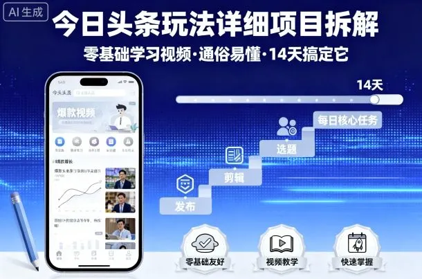 今日头条玩法详细项目拆解，零基础学习视频 通俗易懂 14天搞定它-网亿资源平台