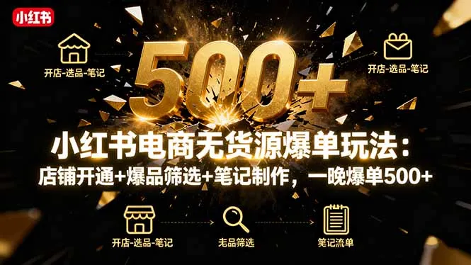 小红书电商无货源爆单玩法：店铺开通+爆品筛选+笔记制作，一晚爆单500+-网亿资源平台