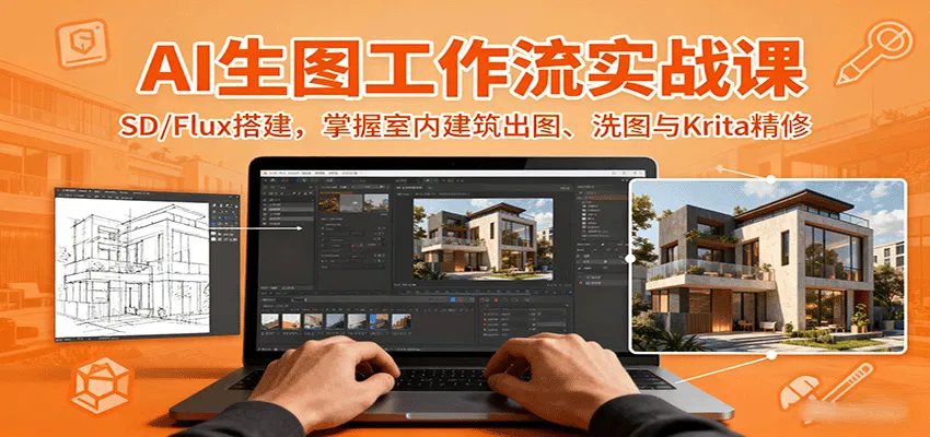 AI生图工作流实战课：SD/Flux搭建，掌握室内建筑出图、洗图与Krita精修-网亿资源平台