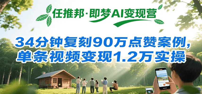 任推邦·即梦AI变现营，34分钟复刻90万点赞案例，单条视频变现1.2万实操-网亿资源平台