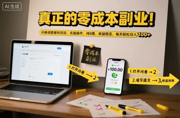 真正的零成本副业！问卷调查暴利项目，无脑操作，纯0撸，收益稳定，每天轻松日入100+【揭秘】-网亿资源平台
