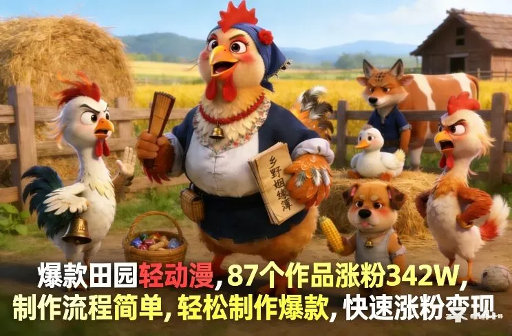 爆款田园轻动漫，87个作品涨粉342W，制作流程简单，轻松制作爆款，快速涨粉变现-网亿资源平台