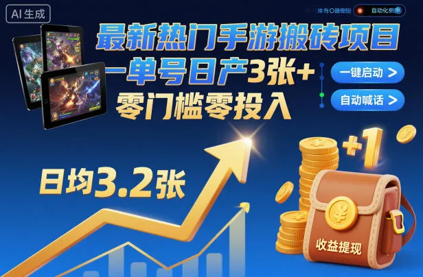 最新热门手游搬砖项目，一键自动化挂G，单号日产3张+，零门槛零投入【揭秘】-网亿资源平台
