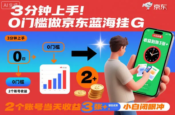 3分钟上手！0门槛做京东蓝海全自动掘金，2个账号当天收益3张+，小白闭眼冲【揭秘】-网亿资源平台