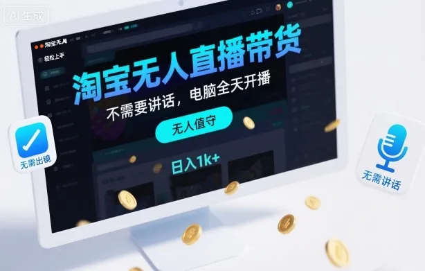 淘宝无人直播带货，不需要出镜，不需要讲话，电脑全天开播，轻松上手，日入1k+【揭秘】-网亿资源平台