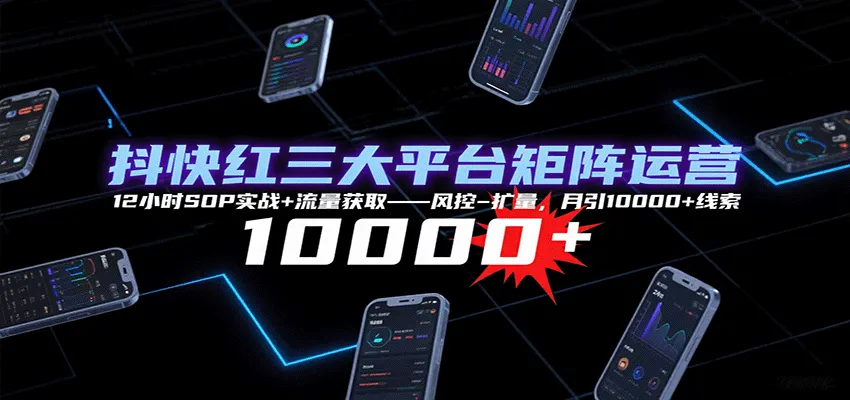 抖快红三大平台矩阵运营，12小时SOP实战+流量获取-风控-扩量，月引10000+线索-网亿资源平台