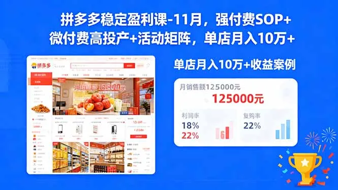 拼多多稳定盈利课-11月，强付费SOP+微付费高投产+活动矩阵，单店月入10万+-网亿资源平台