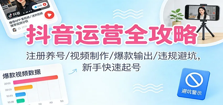 抖音运营全攻略：注册养号/视频制作/爆款输出/违规避坑，新手快速起号-网亿资源平台
