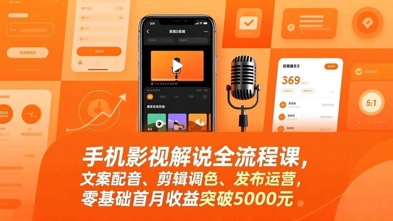 手机影视解说全流程课，文案配音、剪辑调色、发布运营，零基础首月收益突破5000元-网亿资源平台