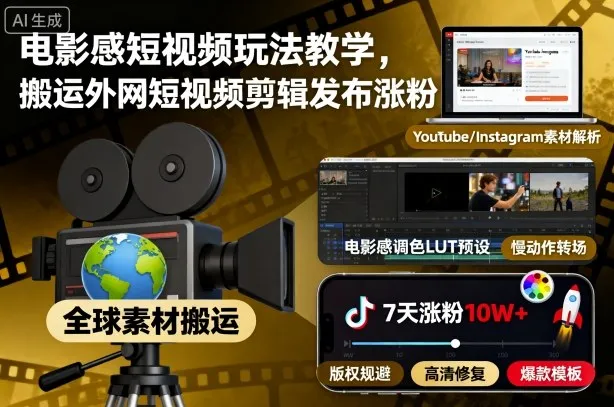 电影感短视频玩法教学，搬运外网短视频剪辑发布涨粉-网亿资源平台