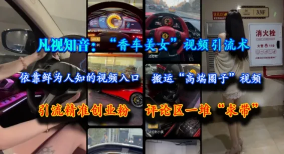 凡视知音：“香车美女”视频引流术，依靠鲜为人知的视频入口，搬运“高端圈子”视频，引流精准创业粉，评论区一堆“求带”-网亿资源平台