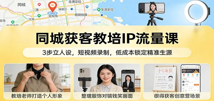 同城获客教培IP流量课：3步立人设，短视频录制，低成本锁定精准生源-网亿资源平台