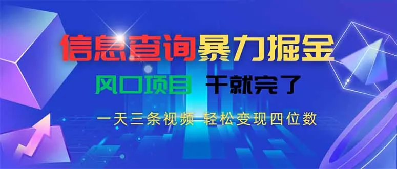 信息查询暴力掘金，一天三条视频 轻松变现四位数，风口项目干就完了-网亿资源平台