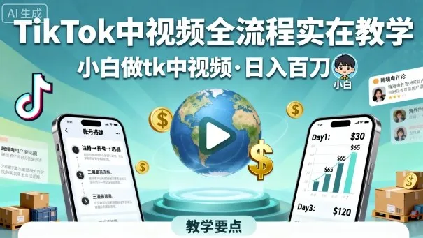 TikTok中视频全流程实操教学，小白做tk中视频，日入百刀-网亿资源平台