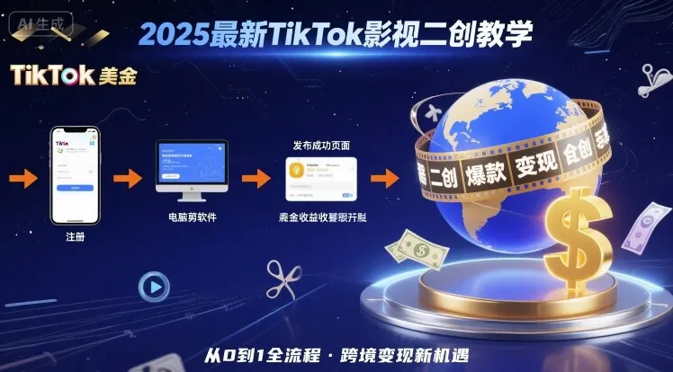 2025年最新TikTok影视二创教学，从注册到发布撸美金全流程，跨境变现新机遇-网亿资源平台
