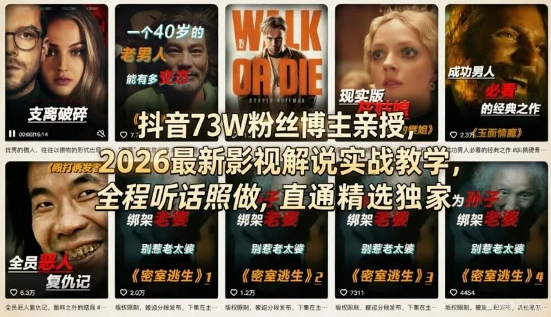 抖音73W粉丝博主亲授，2026最新影视解说实战教学，全程听话照做，直通精选独家-网亿资源平台