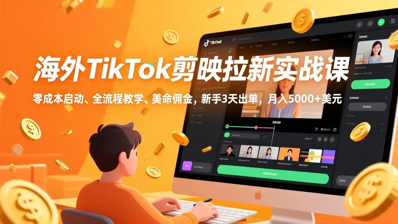 海外TikTok剪映拉新实战课，零成本启动、全流程教学、美金佣金，新手3天出单，月入5000+美元-网亿资源平台