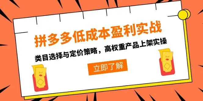 拼多多低成本盈利实战，类目选择与定价策略，高权重产品上架实操-网亿资源平台