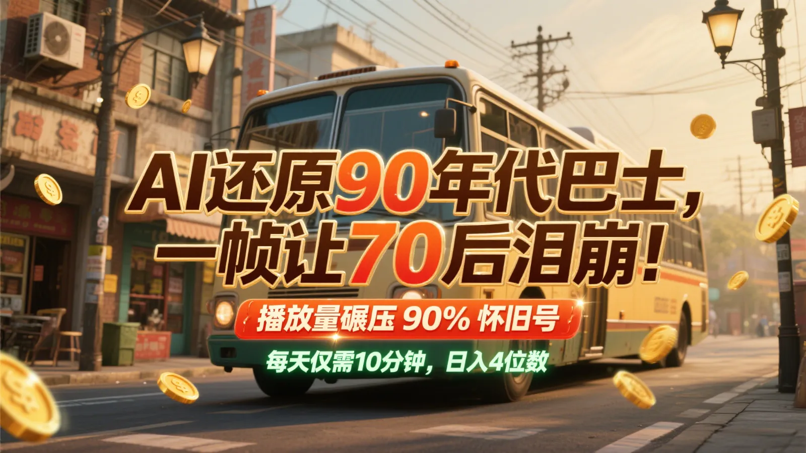 AI还原90年代巴士,一帧让70后泪崩!播放量碾压90%怀旧号,每天10分钟,日入4位数-网亿资源平台
